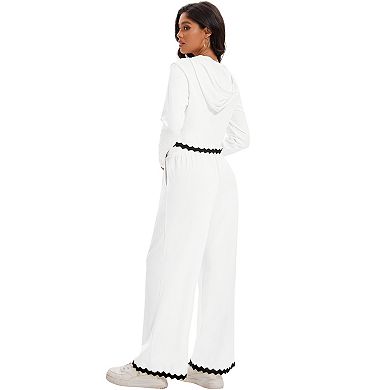 Women's Casual Lounge Sets Cropped Half Button Hoodie Top Wide Leg Pants Ribbed Knit Tracksuit