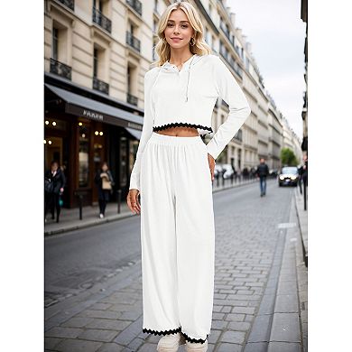 Women's Casual Lounge Sets Cropped Half Button Hoodie Top Wide Leg Pants Ribbed Knit Tracksuit