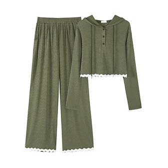 Women's Casual Lounge Sets Cropped Half Button Hoodie Top Wide Leg Pants Ribbed Knit Tracksuit