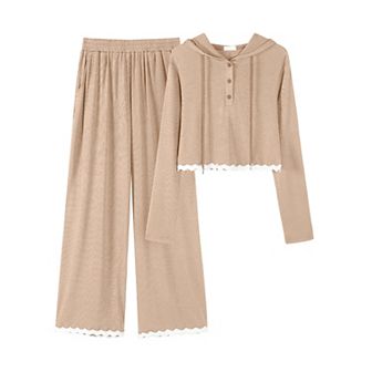 Women's Casual Lounge Sets Cropped Half Button Hoodie Top Wide Leg Pants Ribbed Knit Tracksuit