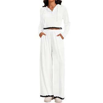 Women's Casual Lounge Sets Cropped Half Button Hoodie Top Wide Leg Pants Ribbed Knit Tracksuit