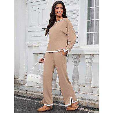 Women's 2 Piece Outfits Casual Long Sleeve Sweater Top Wide Leg Pants Matching Lounge Sets