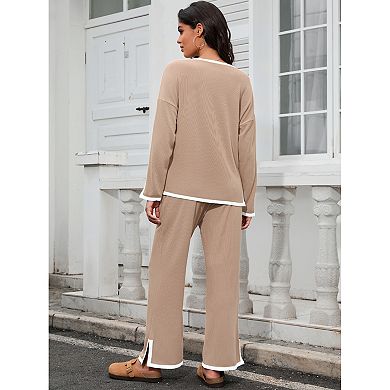 Women's 2 Piece Outfits Casual Long Sleeve Sweater Top Wide Leg Pants Matching Lounge Sets