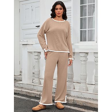 Women's 2 Piece Outfits Casual Long Sleeve Sweater Top Wide Leg Pants Matching Lounge Sets