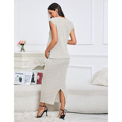 Womens Maternity 2 Piece Outfits V Neck Lightweight Vest Half Slit Dress Knit Top Sets