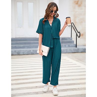 Women Pleated 2 Piece Outfits for Women Long Sleeve Shirt Wide Leg Pants Sets Casual Loungewear