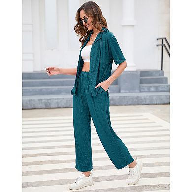 Women Pleated 2 Piece Outfits for Women Long Sleeve Shirt Wide Leg Pants Sets Casual Loungewear
