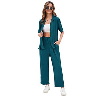 Women Pleated 2 pc Outfits for Women Long Sleeve Shirt Wide Leg Pants Sets Casual Loungewear