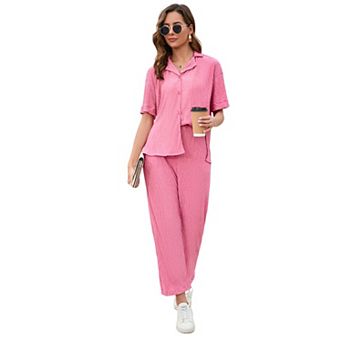 Women Pleated 2 pc Outfits for Women Long Sleeve Shirt Wide Leg Pants Sets Casual Loungewear