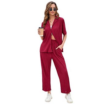 Women Pleated 2 pc Outfits for Women Long Sleeve Shirt Wide Leg Pants Sets Casual Loungewear