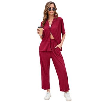 Women Pleated 2 pc Outfits for Women Long Sleeve Shirt Wide Leg Pants Sets Casual Loungewear