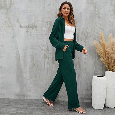 Women Two Piece Outfits Loungewear Wide Leg Pants Long Sleeve Button Down Shirt Sleepwear Set