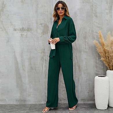 Women Two Piece Outfits Loungewear Wide Leg Pants Long Sleeve Button Down Shirt Sleepwear Set