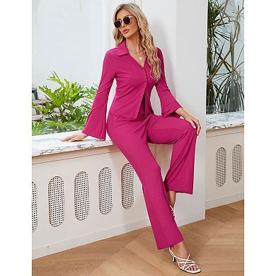 Women 2 Piece Casual Outfits Wide Leg Pants Button Down Shirt Long Sleeve Suits