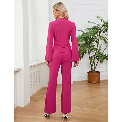 Women 2 Piece Casual Outfits Wide Leg Pants Button Down Shirt Long Sleeve Suits