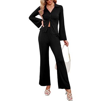Women 2 pc Casual Outfits Wide Leg Pants Button Down Shirt Long Sleeve Suits