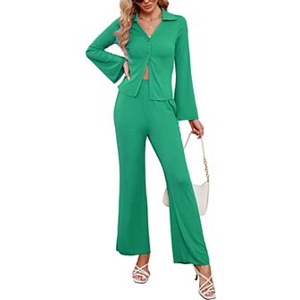 Women 2 pc Casual Outfits Wide Leg Pants Button Down Shirt Long Sleeve Suits