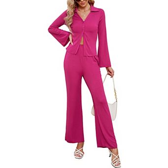 Women 2 pc Casual Outfits Wide Leg Pants Button Down Shirt Long Sleeve Suits