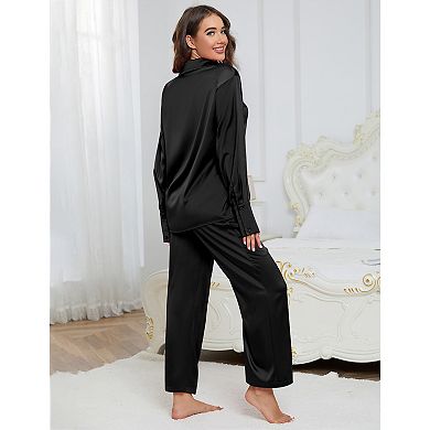 Women's Button Down Long Sleeve Nightwear Satin Loungewear Comfy Boyfriend Pajama Sets