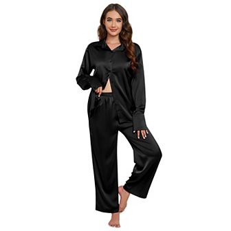 Women's Button Down Long Sleeve Nightwear Satin Loungewear Comfy Boyfriend Pajama Sets