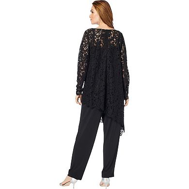 Roaman's Women's Plus Size Plus-Size Asymmetrical Lace Pant Set Long Sleeve Lace Scalloped Tunic &