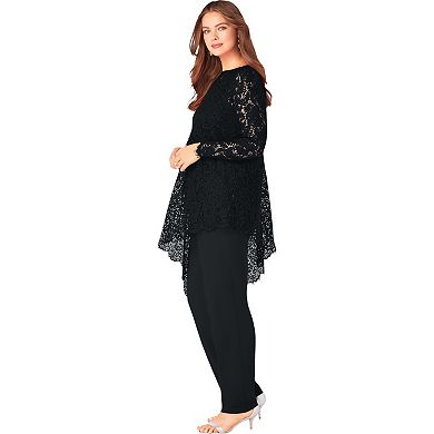 Roaman's Women's Plus Size Plus-Size Asymmetrical Lace Pant Set Long Sleeve Lace Scalloped Tunic &