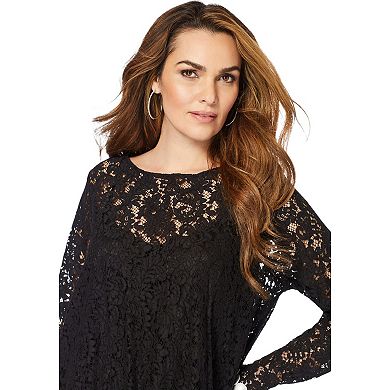Roaman's Women's Plus Size Plus-Size Asymmetrical Lace Pant Set Long Sleeve Lace Scalloped Tunic &