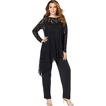Roaman's Women's Plus Size Plus-Size Asymmetrical Lace Pant Set Long Sleeve Lace Scalloped Tunic &