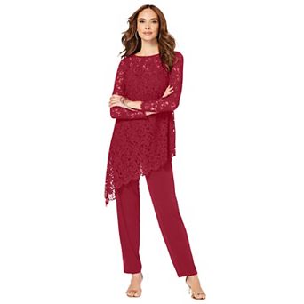 Roaman's Women's Plus Size Plus-Size Asymmetrical Lace Pant Set Long Sleeve Lace Scalloped Tunic &