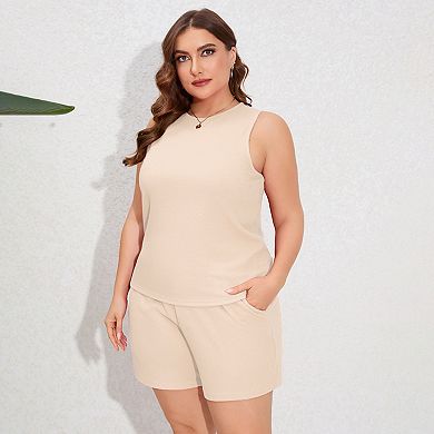 Plus Size Sleeveless Two Sets Outfits For Women Round Neck Knit Casual Crop Tops With Shorts