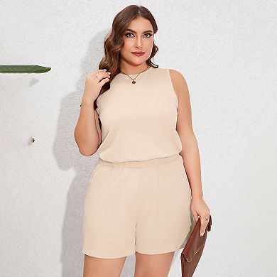 Plus Size Sleeveless Two Sets Outfits For Women Round Neck Knit Casual Crop Tops With Shorts