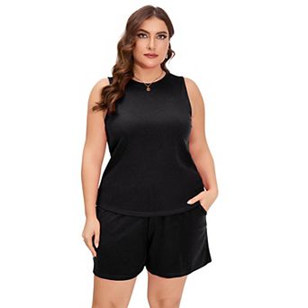 Plus Size Sleeveless Two Sets Outfits For Women Round Neck Knit Casual Crop Tops With Shorts