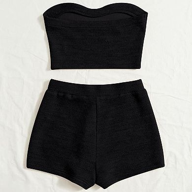 Women's Knitted 2 Piece Outfit Ribbed Crop Top Sleeveless Bandeau Tube Tops and Track Shorts Set