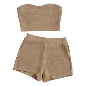 Women's Knitted 2 pc Outfit Ribbed Crop Top Sleeveless Bandeau Tube Tops and Track Shorts Set
