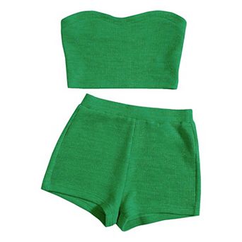Women's Knitted 2 pc Outfit Ribbed Crop Top Sleeveless Bandeau Tube Tops and Track Shorts Set