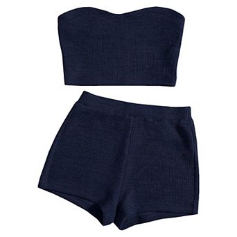 Women's Knitted 2 pc Outfit Ribbed Crop Top Sleeveless Bandeau Tube Tops and Track Shorts Set
