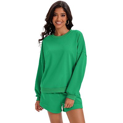Womens Sweat Short Sets Matching Outfits Batwing Sleeve Sweatshirt