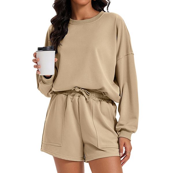 Womens Sweat Short Sets Matching Outfits Batwing Sleeve Sweatshirt