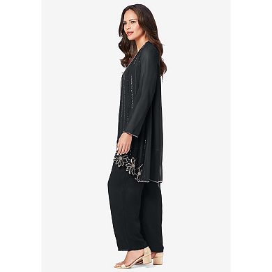 Roaman's Women's Plus Size Plus-Size Long Sleeve Floral Beaded Georgette Three-Piece Pant Set