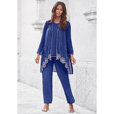 Roaman's Women's Plus Size Plus-Size Long Sleeve Floral Beaded Georgette Three-Piece Pant Set