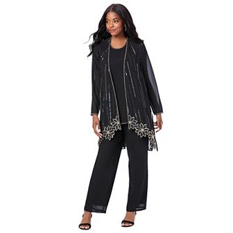 Roaman's Women's Plus Size Plus-Size Long Sleeve Floral Beaded Georgette Three-Piece Pant Set