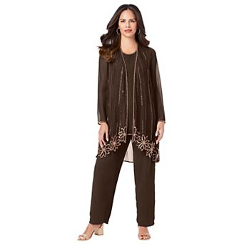 Roaman's Women's Plus Size Plus-Size Long Sleeve Floral Beaded Georgette Three-Piece Pant Set