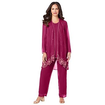 Roaman's Women's Plus Size Plus-Size Long Sleeve Floral Beaded Georgette Three-Piece Pant Set