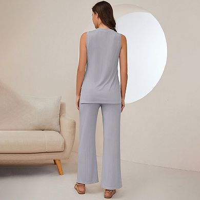 Summer 2 Piece Lounge Sets For Women Ribbed Kint Side Slit Tank Tops With Pant Crew Neck Pajama Set