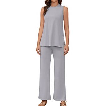 Summer 2 pc Lounge Sets For Women Ribbed Kint Side Slit Tank Tops With Pant Crew Neck Pajama Set