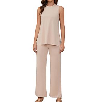 Summer 2 pc Lounge Sets For Women Ribbed Kint Side Slit Tank Tops With Pant Crew Neck Pajama Set