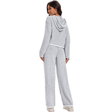 Womens 2 Piece Outfits Casual Lounge Sets Ribbed Sweater Hoodie Wide Leg Pants Set Tracksuit Trendy