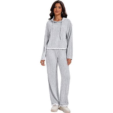 Womens 2 Piece Outfits Casual Lounge Sets Ribbed Sweater Hoodie Wide Leg Pants Set Tracksuit Trendy