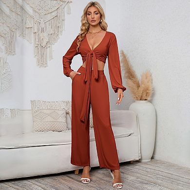 Womens Textured Co-ord Sets Tie Front Side Crop Tops With Palazzo Pants Knot Trousers Lounge Sets