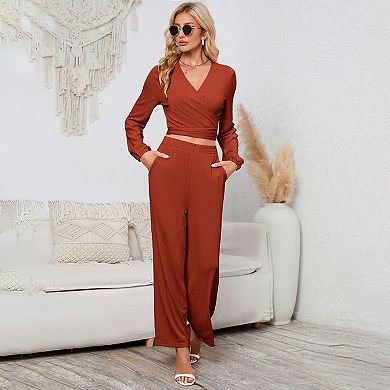 Womens Textured Co-ord Sets Tie Front Side Crop Tops With Palazzo Pants Knot Trousers Lounge Sets